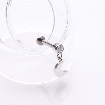 Detail View 1 of Implant Grade Titanium Bezel Gem Crescent Moon Dangle Internally Threaded Flat Back Labret-Clear Gem